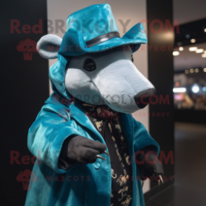 Teal Tapir mascot costume character dressed with a Coat and Hats