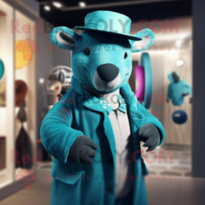Teal Tapir mascot costume character dressed with a Coat and Hats
