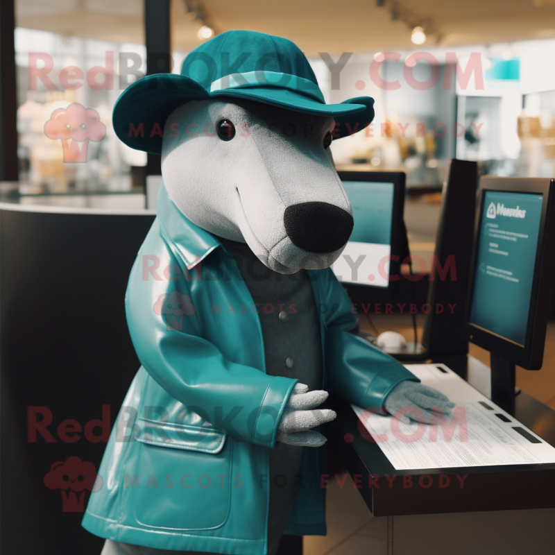 Teal Tapir mascot costume character dressed with a Coat and Hats