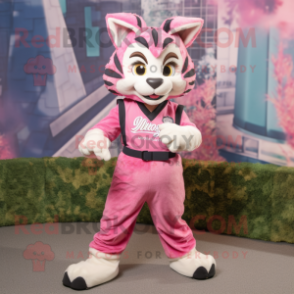 Pink Bobcat mascot costume character dressed with a Culottes and Belts