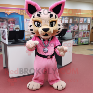 Pink Bobcat mascot costume character dressed with a Culottes and Belts
