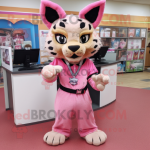 Pink Bobcat mascot costume character dressed with a Culottes and Belts