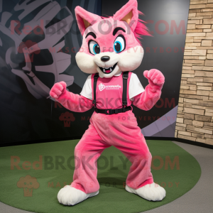 Pink Bobcat mascot costume character dressed with a Culottes and Belts