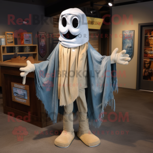 Beige Ghost mascot costume character dressed with a Denim Shirt and Shawls