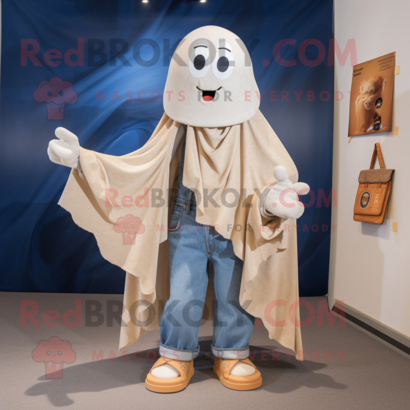 Beige Ghost mascot costume character dressed with a Denim Shirt and Shawls Beige Ghost mascot costume character dressed with a Denim Shirt and Shawls