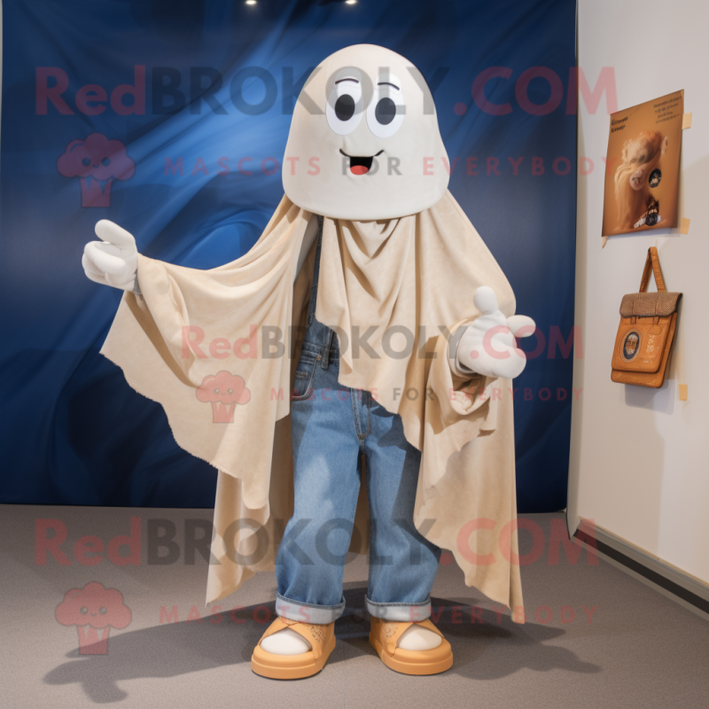 Beige Ghost mascot costume character dressed with a Denim Shirt and Shawls