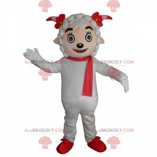 Mascote da ovelha branca com um lenço vermelho e chifres -
