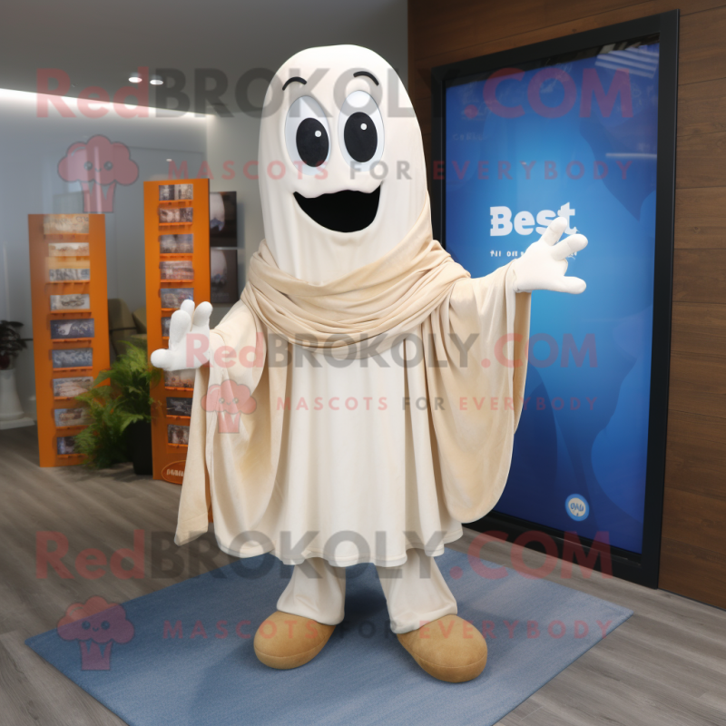 Beige Ghost mascot costume character dressed with a Denim Shirt and Shawls