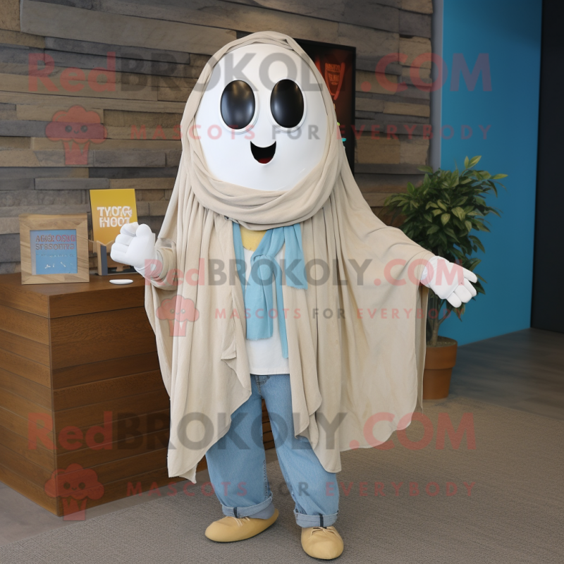 Beige Ghost mascot costume character dressed with a Denim Shirt and Shawls