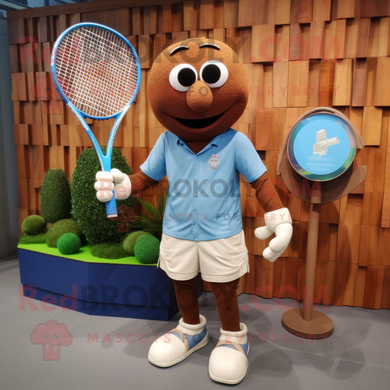 Brown Tennis Racket mascot costume character dressed with a Chambray Shirt and Bracelet watches