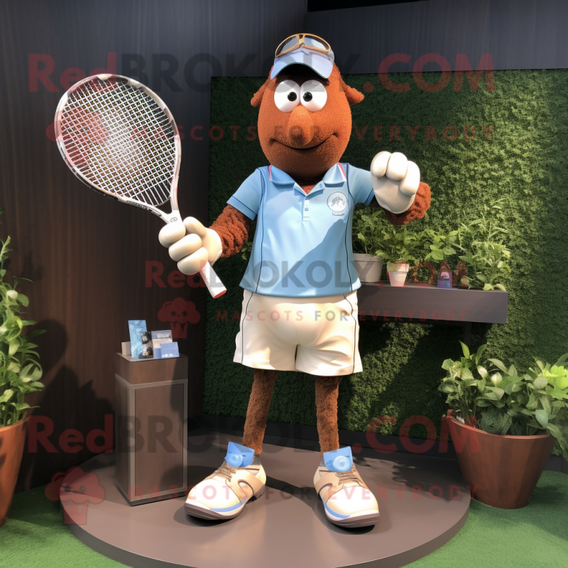 Brown Tennis Racket mascot costume character dressed with a Chambray Shirt and Bracelet watches