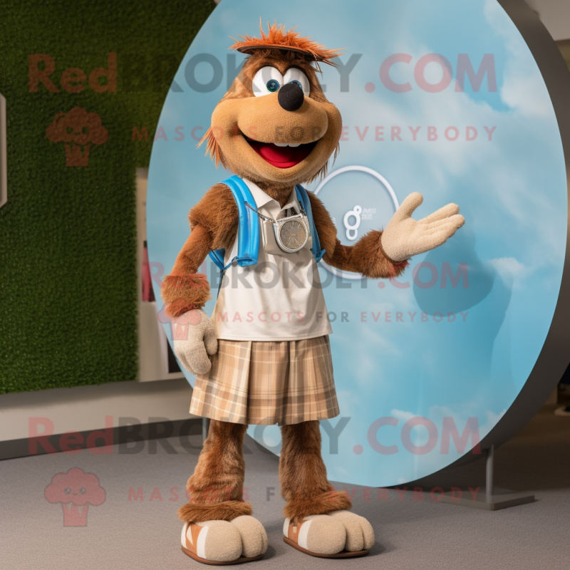 Brown Tennis Racket mascot costume character dressed with a Chambray Shirt and Bracelet watches