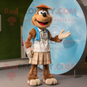 Brown Tennis Racket mascot costume character dressed with a Chambray Shirt and Bracelet watches