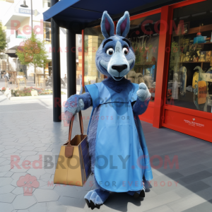 Blue Donkey mascot costume character dressed with a A-Line Dress and Tote bags