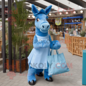 Blue Donkey mascot costume character dressed with a A-Line Dress and Tote bags