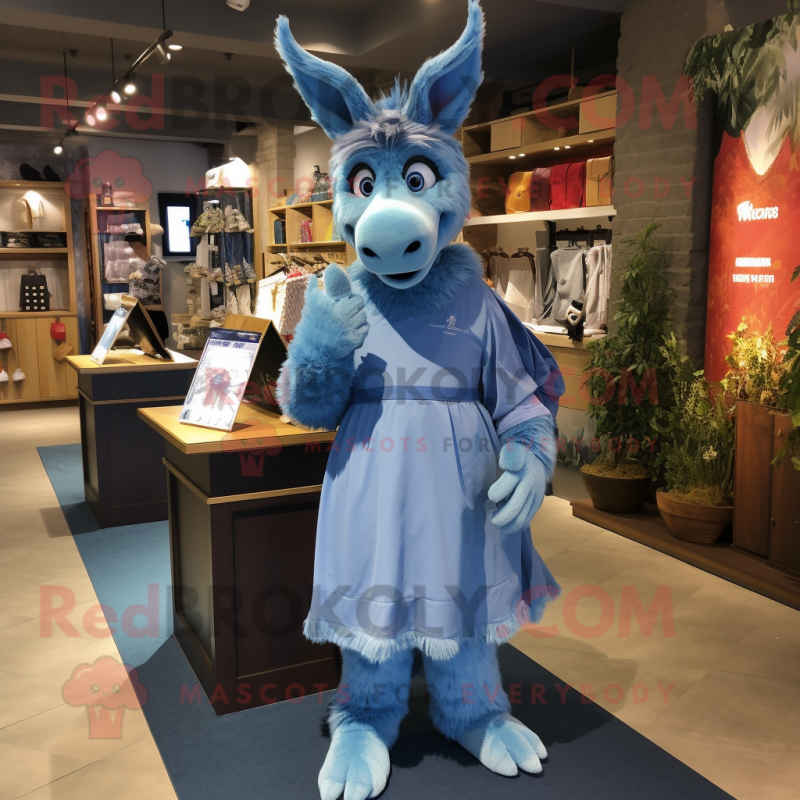 Blue Donkey mascot costume character dressed with a A-Line Dress and Tote bags