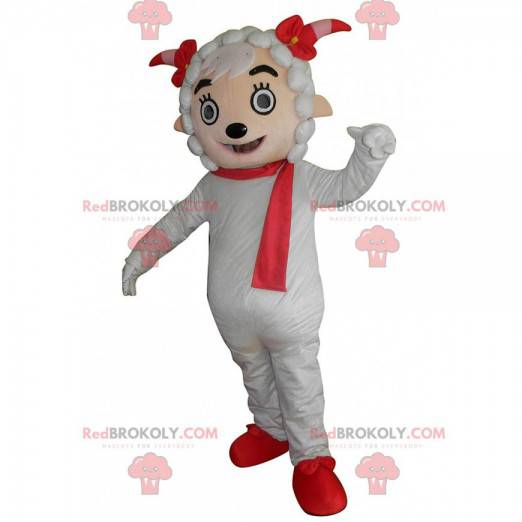 Biała owca maskotka z czerwonym szalikiem i rogami -