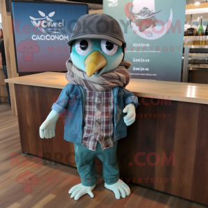 Teal Ceviche mascot costume character dressed with a Flannel Shirt and Shawl pins