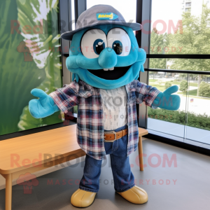 Teal Ceviche mascot costume character dressed with a Flannel Shirt and Shawl pins