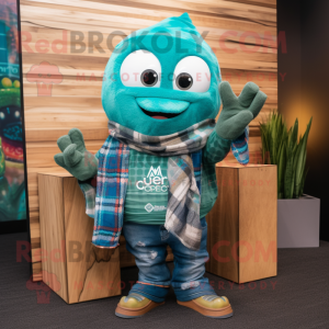 Teal Ceviche mascot costume character dressed with a Flannel Shirt and Shawl pins