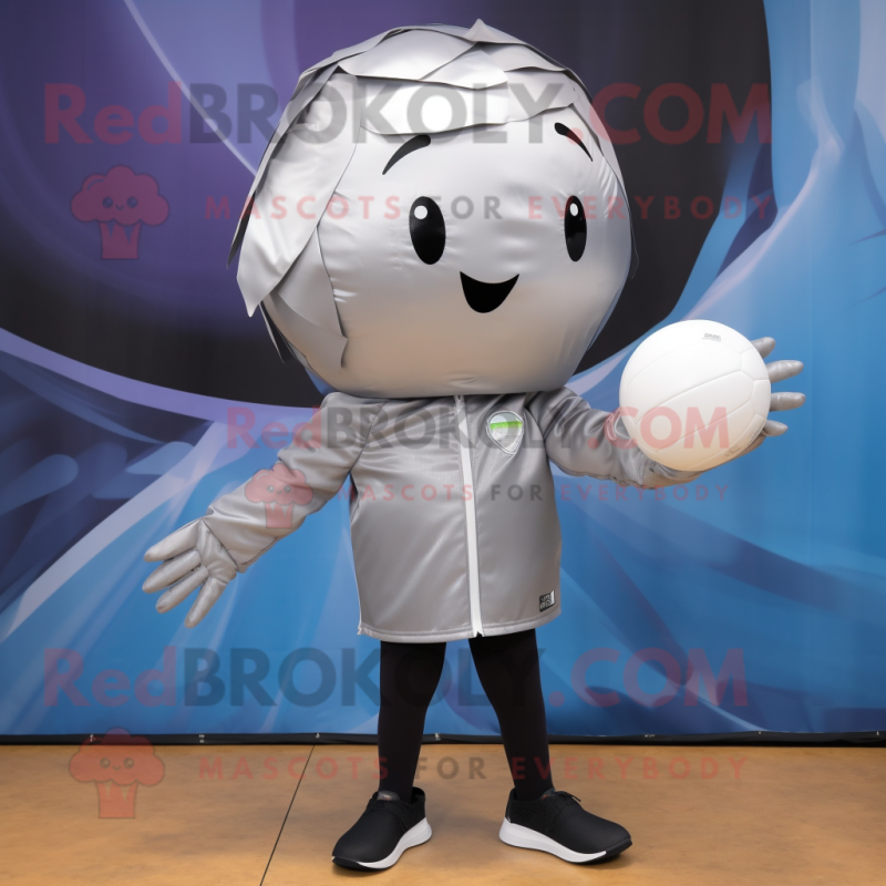 Silver Volleyball Ball mascot costume character dressed with a Windbreaker and Wraps Silver Volleyball Ball mascot costume character dressed with a Windbreaker and Wraps