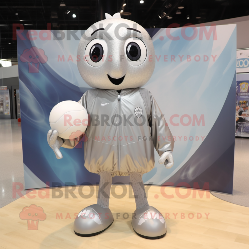 Silver Volleyball Ball mascot costume character dressed with a Windbreaker and Wraps Silver Volleyball Ball mascot costume character dressed with a Windbreaker and Wraps