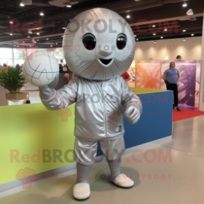 Silver Volleyball Ball mascot costume character dressed with a Windbreaker and Wraps