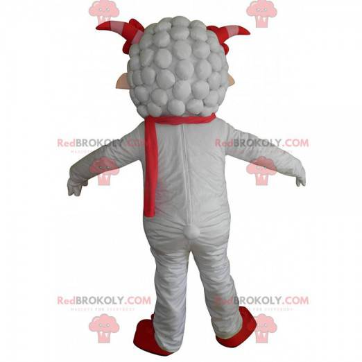 Mascote da ovelha branca com um lenço vermelho e chifres -