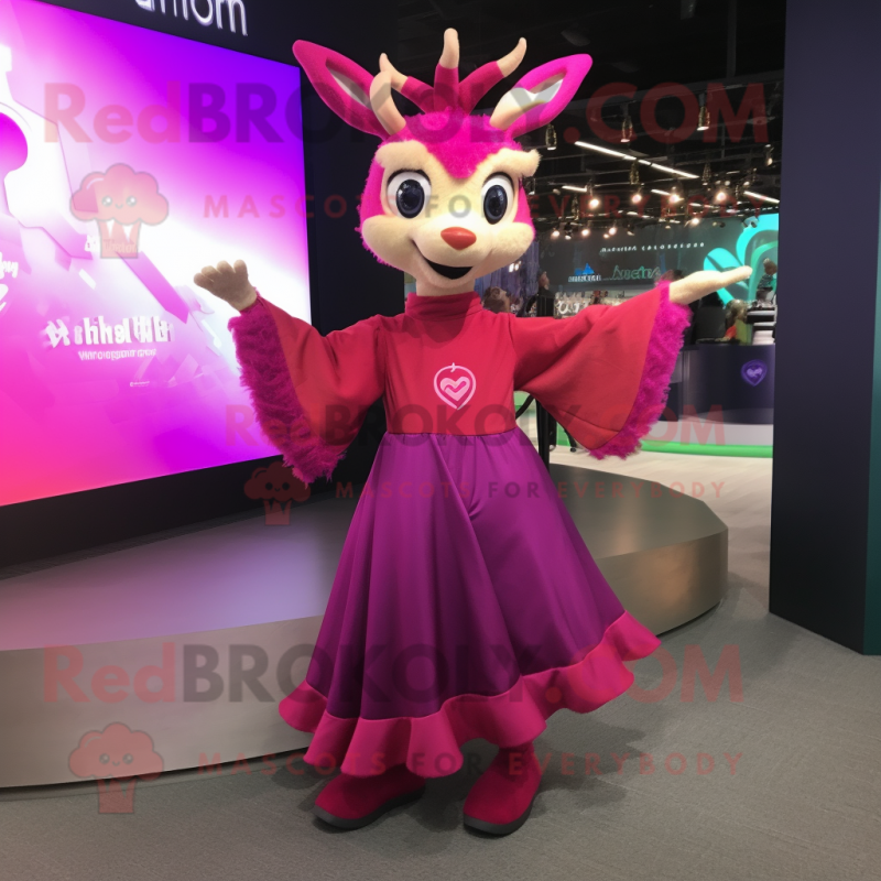 Magenta Deer mascot costume character dressed with a Pleated Skirt and Shawl pins