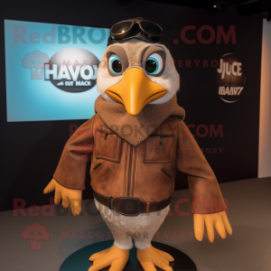 Brown Gull mascot costume character dressed with a Moto Jacket and Shawls