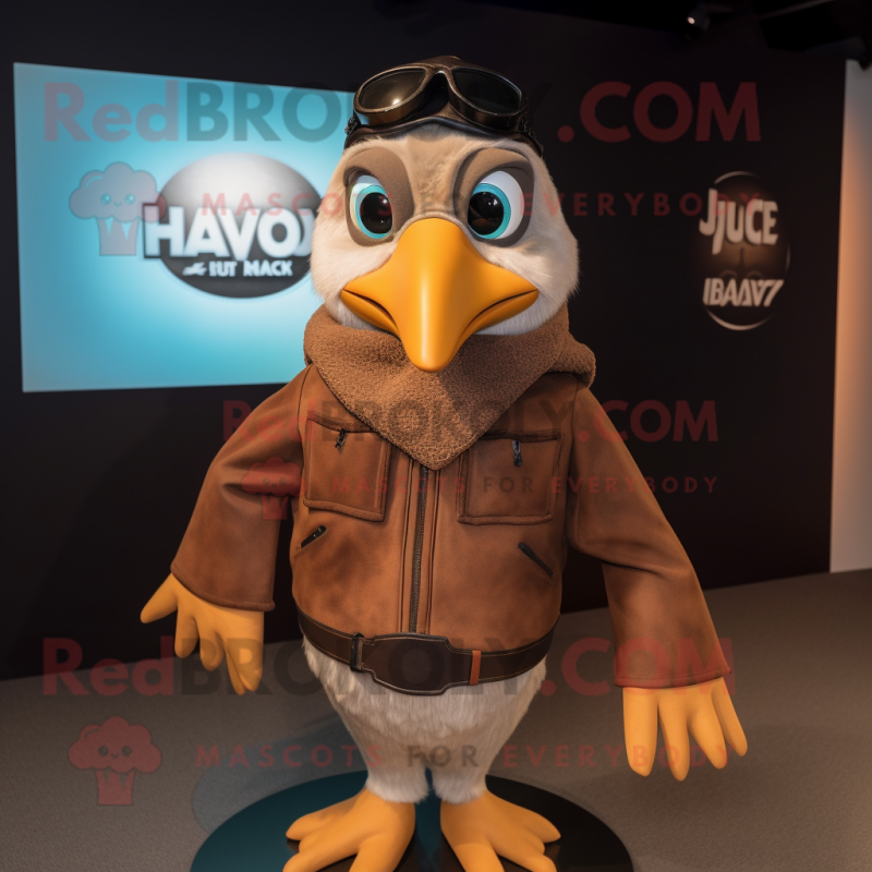 Brown Gull mascot costume character dressed with a Moto Jacket and Shawls Brown Gull mascot costume character dressed with a Moto Jacket and Shawls