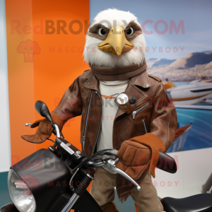 Brown Gull mascot costume character dressed with a Moto Jacket and Shawls