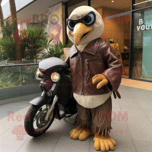 Brown Gull mascot costume character dressed with a Moto Jacket and Shawls