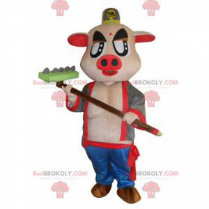 Sehr originelles rosa Schweinemaskottchen mit Rechen -