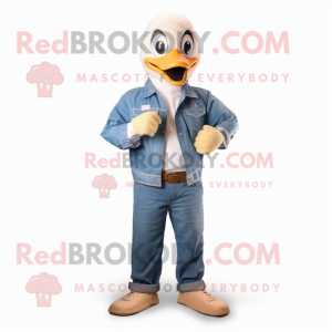 Cream Geese mascot costume character dressed with a Denim Shirt and Digital watches