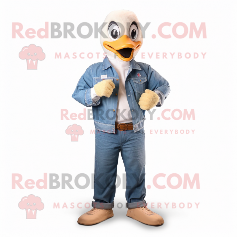 Cream Geese mascot costume character dressed with a Denim Shirt and Digital watches Cream Geese mascot costume character dressed with a Denim Shirt and Digital watches