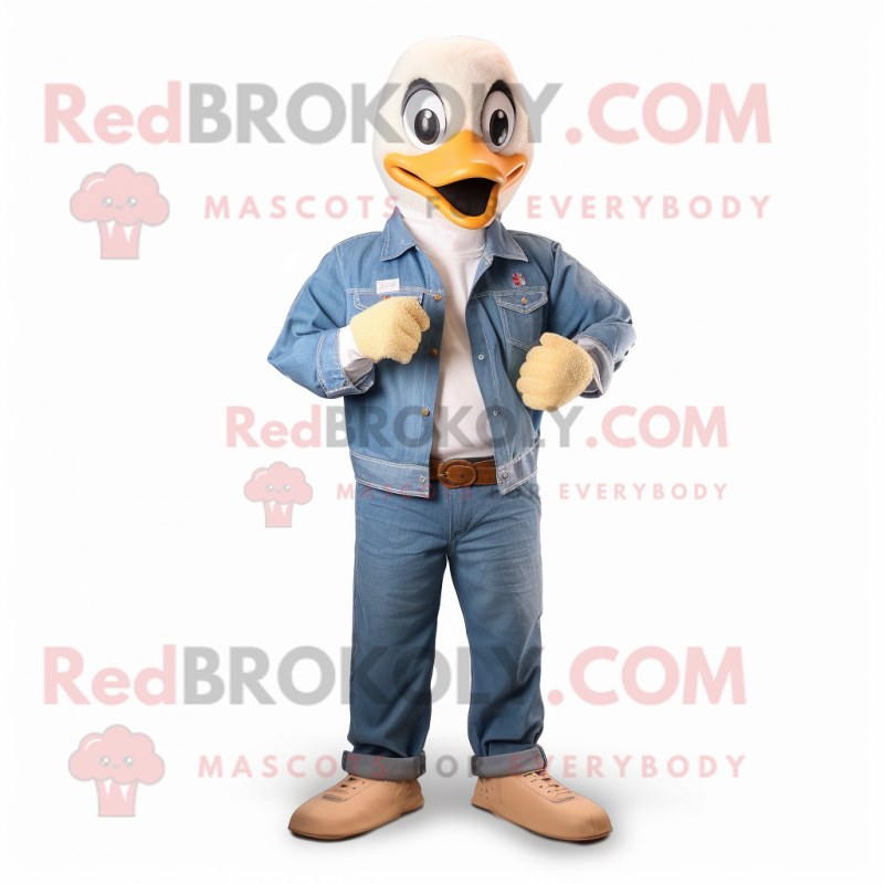 Cream Geese mascot costume character dressed with a Denim Shirt and Digital watches