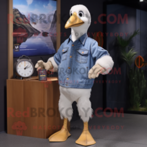 Cream Geese mascot costume character dressed with a Denim Shirt and Digital watches