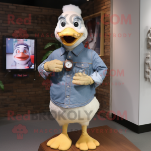 Cream Geese mascot costume character dressed with a Denim Shirt and Digital watches