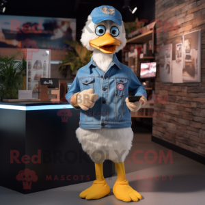 Cream Geese mascot costume character dressed with a Denim Shirt and Digital watches