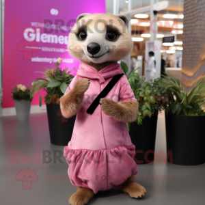 Pink Meerkat mascot costume character dressed with a Pleated Skirt and Hairpins