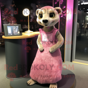 Pink Meerkat mascot costume character dressed with a Pleated Skirt and Hairpins