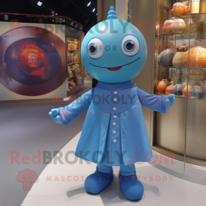 Blue Human Cannon Ball mascot costume character dressed with a Blouse and Brooches