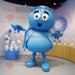 Blue Human Cannon Ball mascot costume character dressed with a Blouse and Brooches