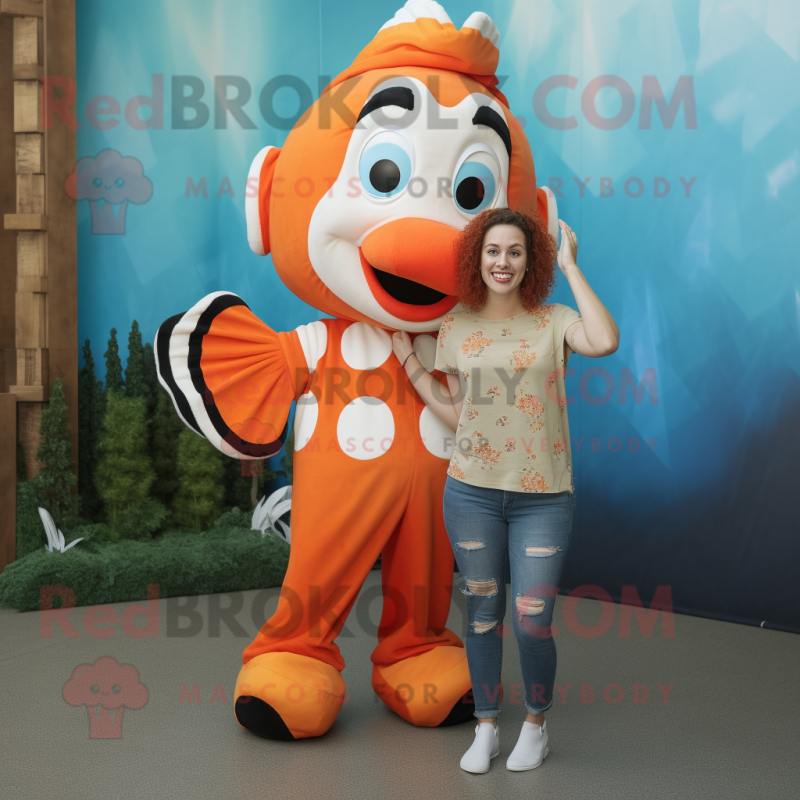 Cream Clown Fish mascot costume character dressed with a Mom Jeans and Suspenders Cream Clown Fish mascot costume character dressed with a Mom Jeans and Suspenders