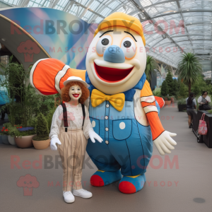 Cream Clown Fish mascot costume character dressed with a Mom Jeans and Suspenders