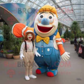 Cream Clown Fish mascot costume character dressed with a Mom Jeans and Suspenders