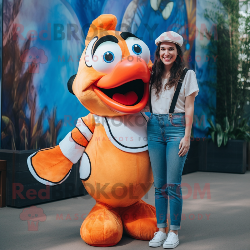 Cream Clown Fish mascot costume character dressed with a Mom Jeans and Suspenders