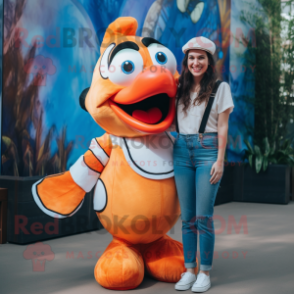 Cream Clown Fish mascot costume character dressed with a Mom Jeans and Suspenders