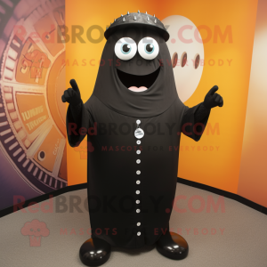 Black Enchiladas mascot costume character dressed with a Chinos and Lapel pins